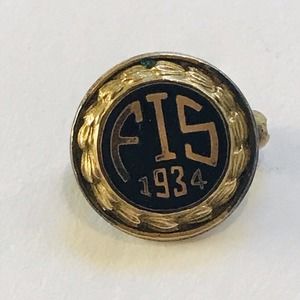 FIS 1934 Detroit Weyhin Stamped Pin Small Round Gold Tone Black Enamel Brooch